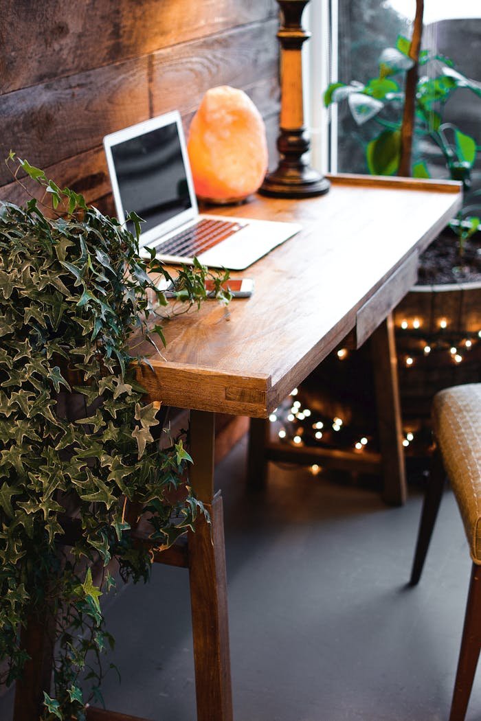 A cozy home office setup featuring a laptop, salt lamp, and plants on a wooden desk. Ideal for remote work.